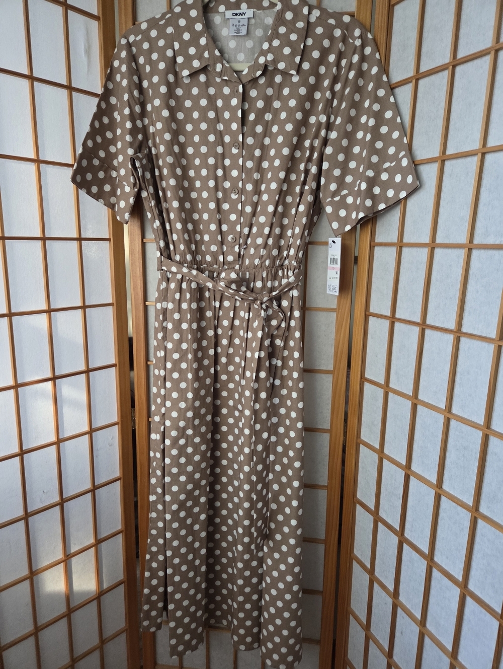 NWT DNKY TAN/WHITE POLKA DOTS COTTON BUTTONS DOWN FIT & FLARE BELTED DRESS 10